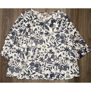 Flax Linen Floral Tunic Top Womens 1G Indigo Blue White V-Neck 3/4 Sleeve Boxy